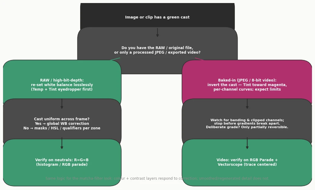 Decision flowchart for fixing a green color cast: RAW files get a lossless white balance reset, baked-in JPEG or 8-bit video gets tint toward magenta plus per-channel curves, uniform casts get global correction while per-zone casts get masks or HSL qualifiers, with verification on histograms and video scopes