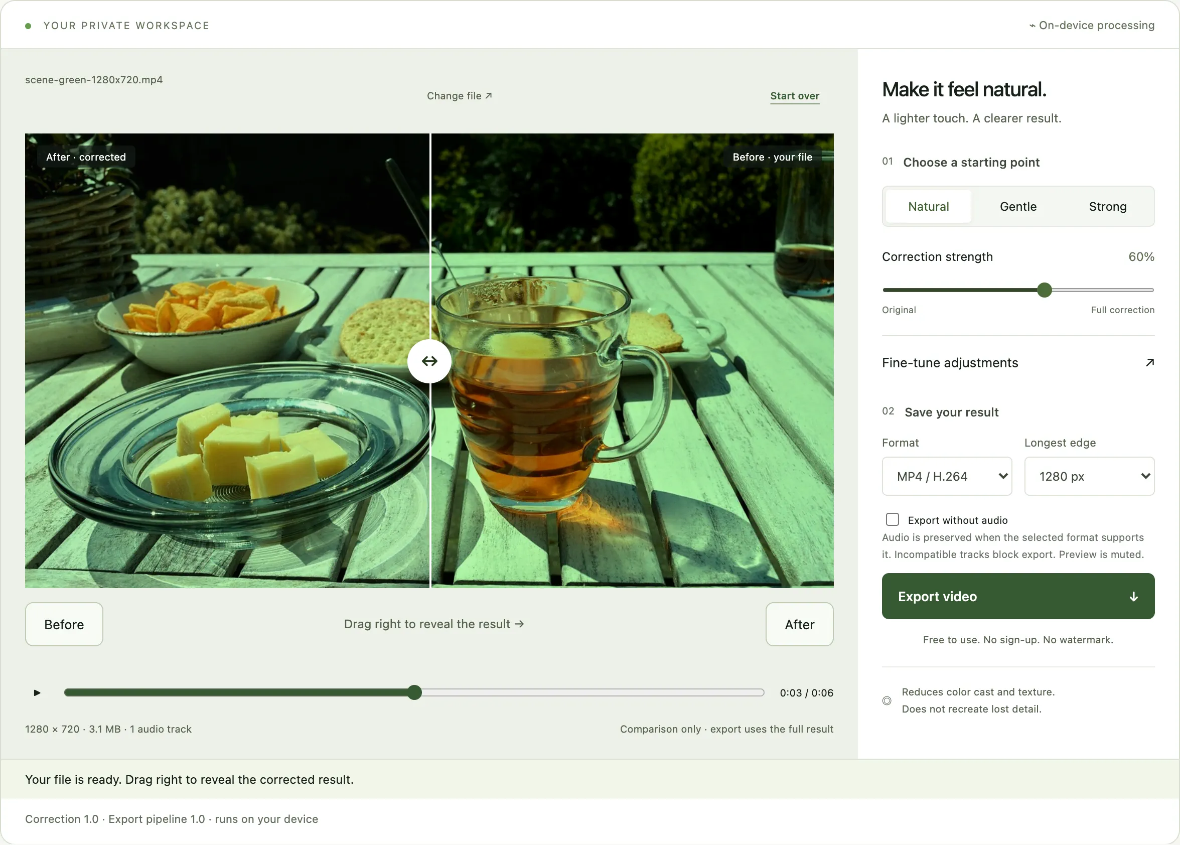 Screenshot of the Matcha Remover video workspace with the test clip loaded, the Natural preset selected at 60 percent strength, the before and after comparison slider held at the middle of the frame, and the timeline at three seconds